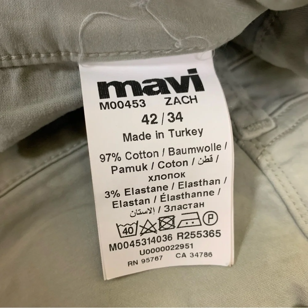 Mavi Zach Straight Leg Pants Sage Green Stretch Denim 42 34